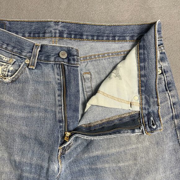 Levis 505 Jeans Men's 34x30 Blue Denim Medium Wash Distressed Straight Leg Retro - Picture 14 of 16